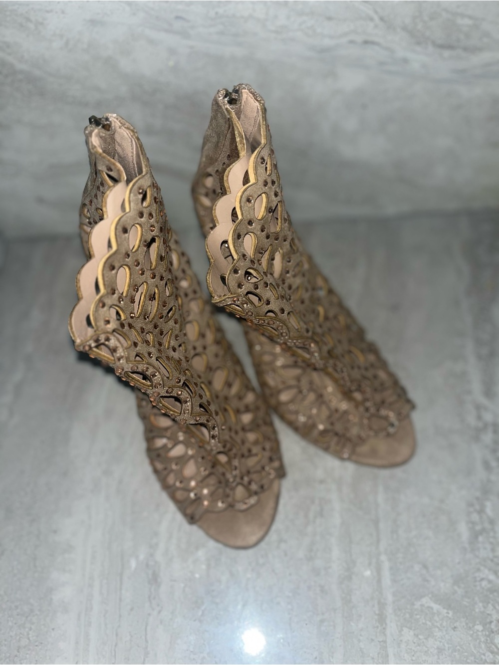 Women's Scalloped Laser-Cut Peep-Toe Heels - Taupe